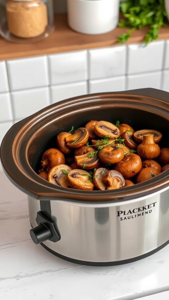 Crockpot filled with mushrooms, ready for cooking