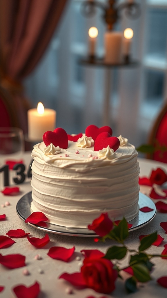 A beautifully decorated Red Velvet Valentine’s Day Cake with heart-shaped decorations, surrounded by rose petals and candles.