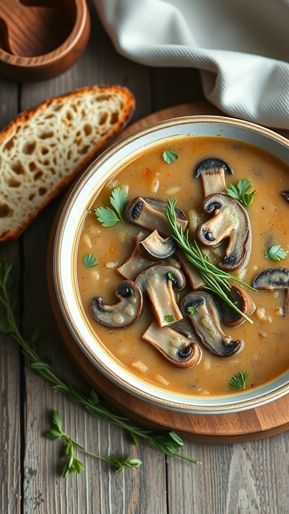 A bowl of creamy mushroom and wild rice soup with sliced mushrooms and herbs, accompanied by a slice of bread.