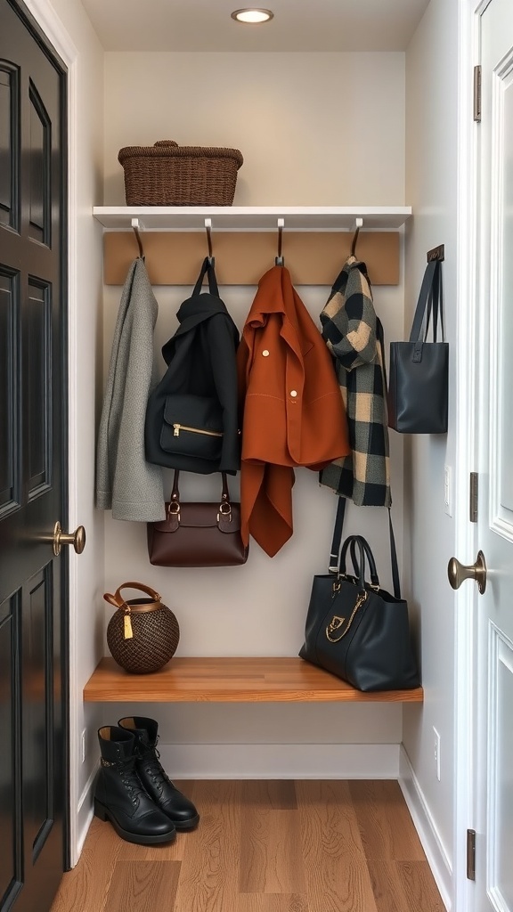 Small Foyer Ideas Entryway Small foyer with hooks and a shelf for coats and bags
