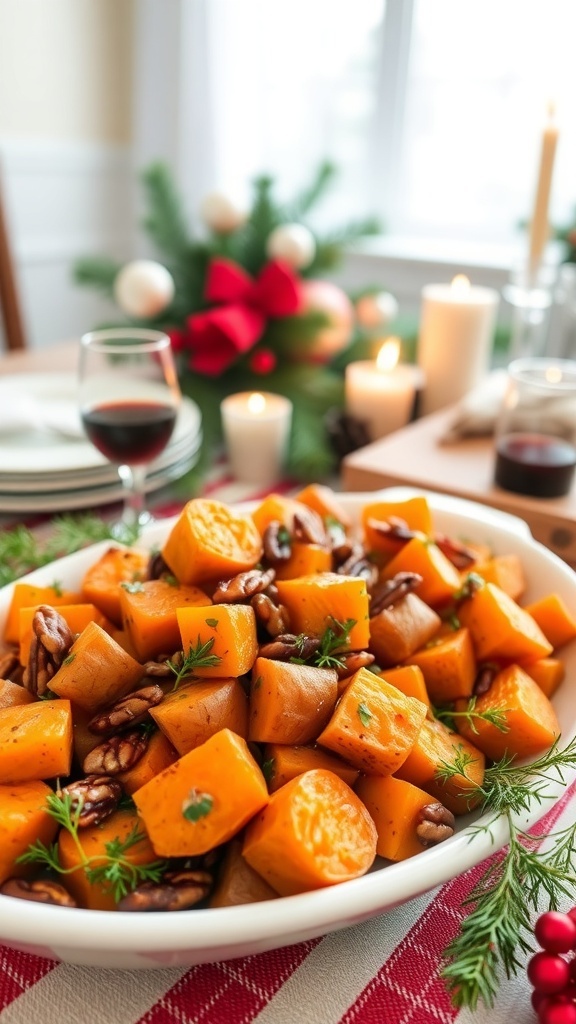A bowl of maple pecan roasted sweet potatoes garnished with herbs, surrounded by festive decorations.