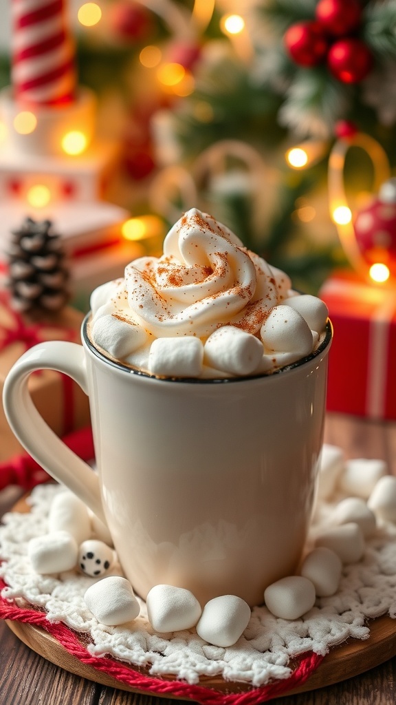 A cozy cup of white hot chocolate topped with whipped cream and marshmallows, surrounded by festive decorations.