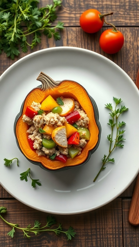 A plate with acorn squash stuffed with ground turkey and vegetables, garnished with fresh herbs.