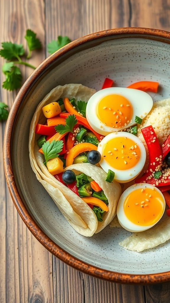 A bowl of colorful egg roll in a bowl with vegetables and hard-boiled eggs.