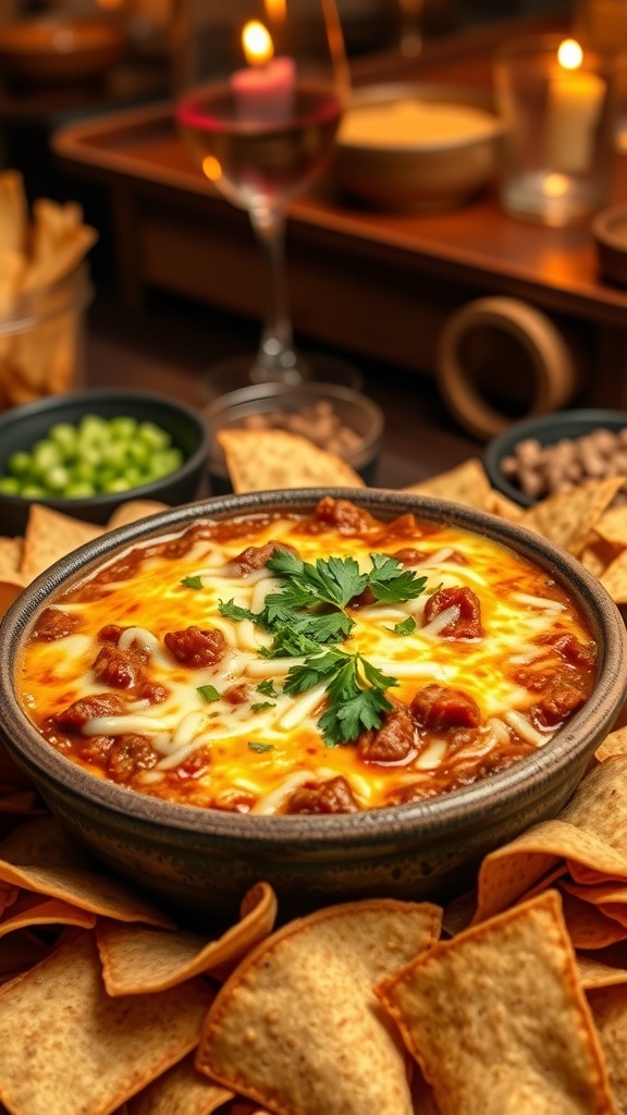 A bowl of cheesy hot sloppy joe dip surrounded by tortilla chips, with fresh herbs on top.