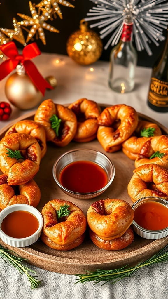 A festive platter of mini sausage wreath rolls with dipping sauces, decorated for New Year's Eve.