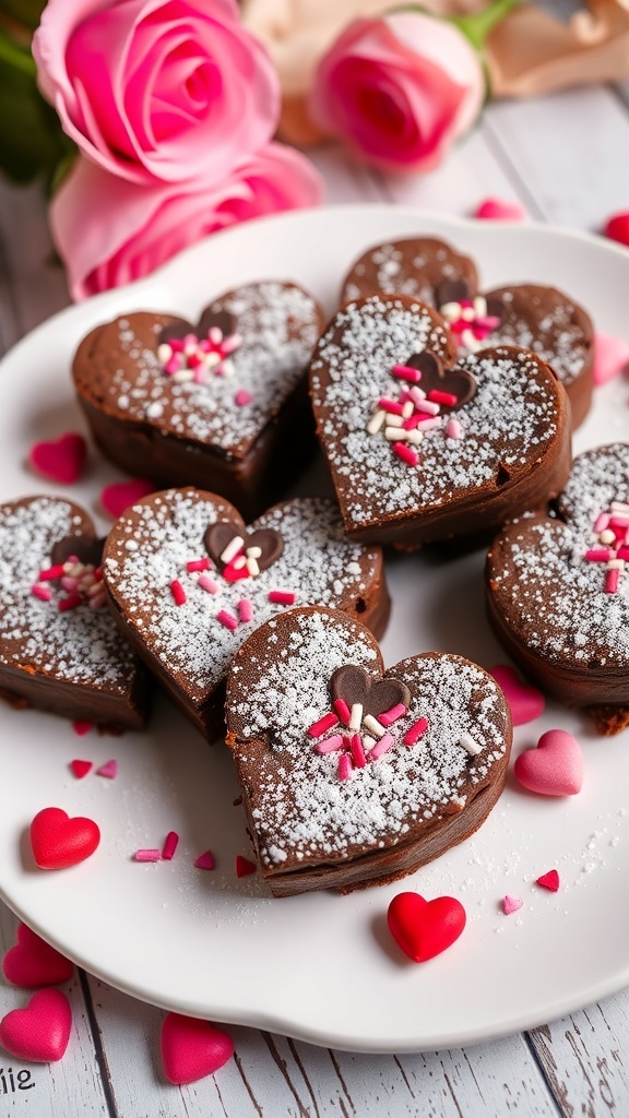 Heart-shaped brownies on a plate, decorated with powdered sugar and sprinkles, surrounded by roses.