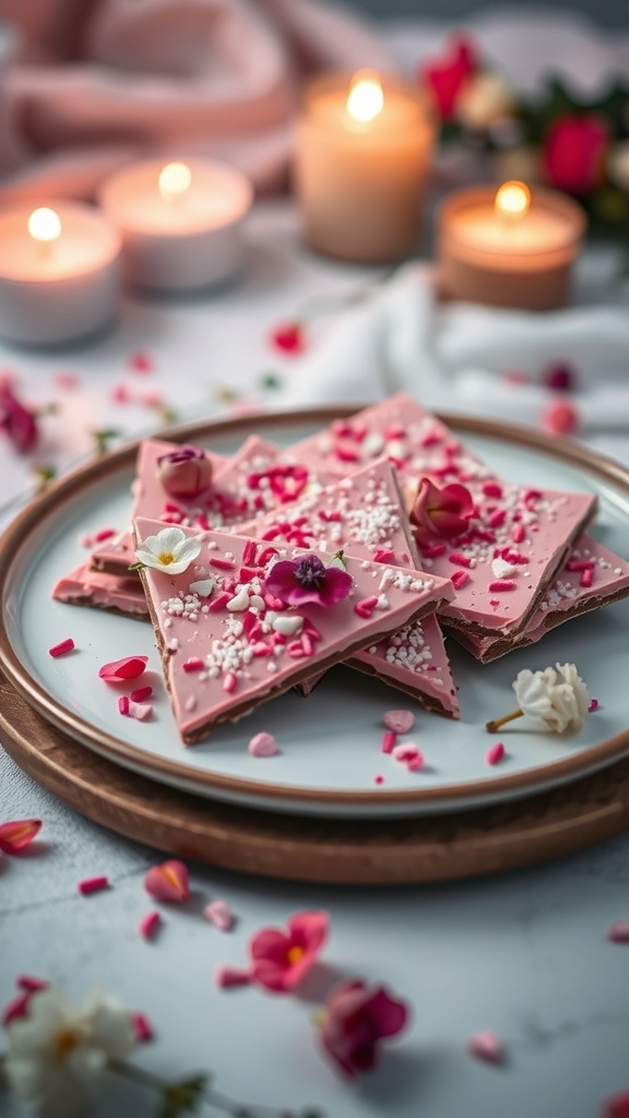 A plate of pink chocolate bark decorated with sprinkles and edible flowers, surrounded by candles and rose petals.
