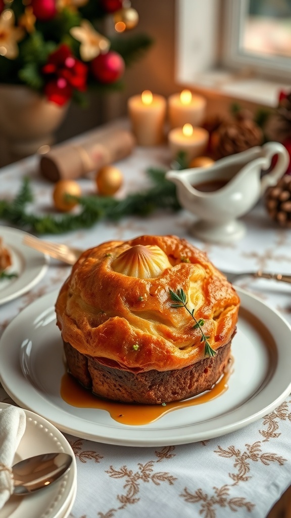 A golden Yorkshire pudding on a festive table with candles and decorations.