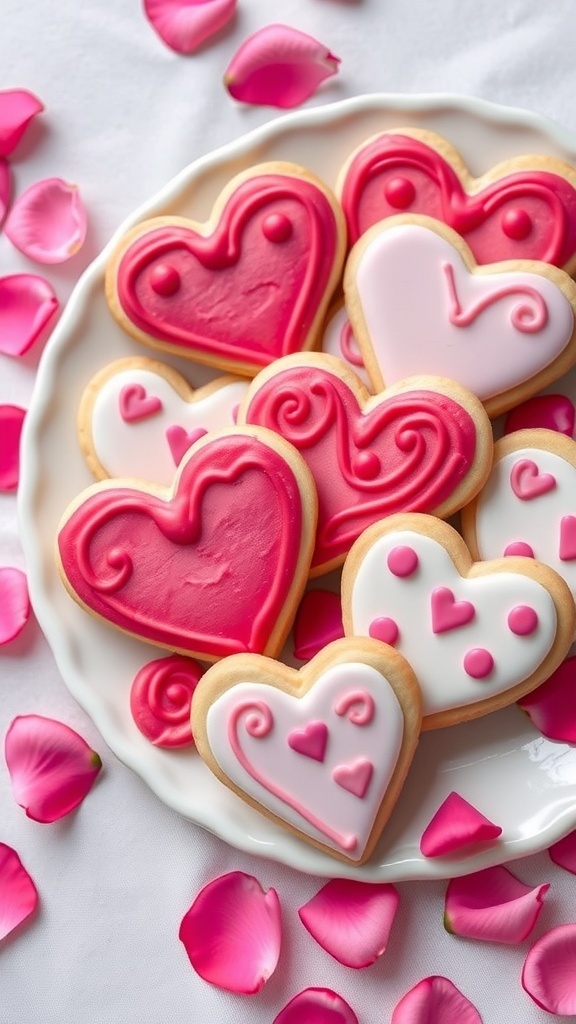 Heart-shaped sugar cookies decorated with royal icing in pink and red, arranged on a plate with rose petals. Valentines Day Dessert