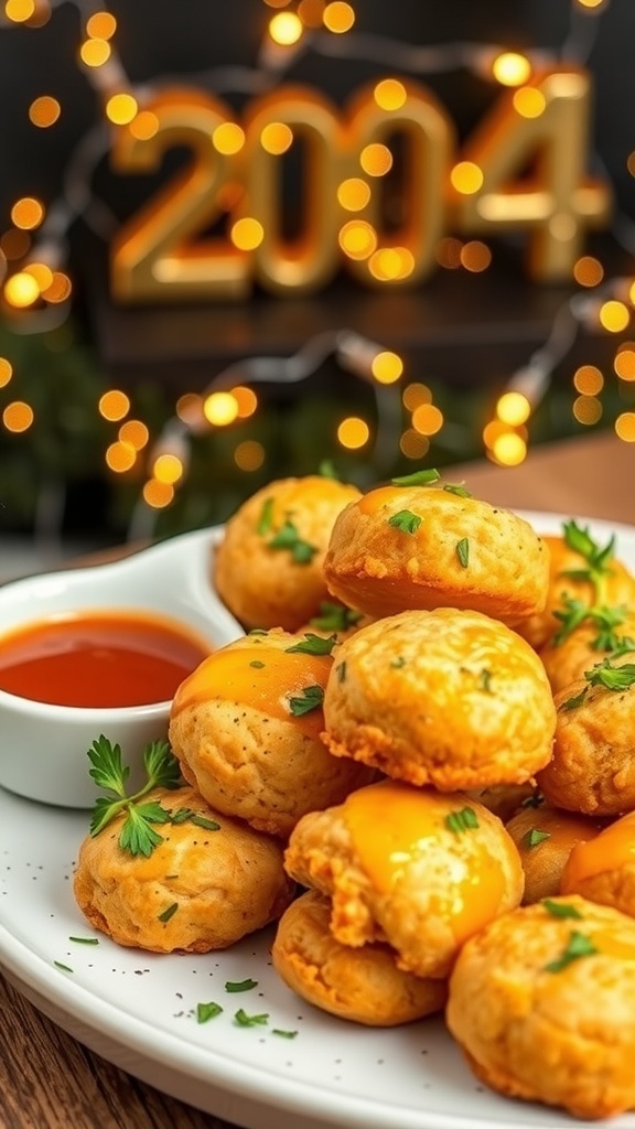 A plate of Spicy Hot Honey Chicken Biscuit Bites with a bowl of sauce and festive lights in the background.