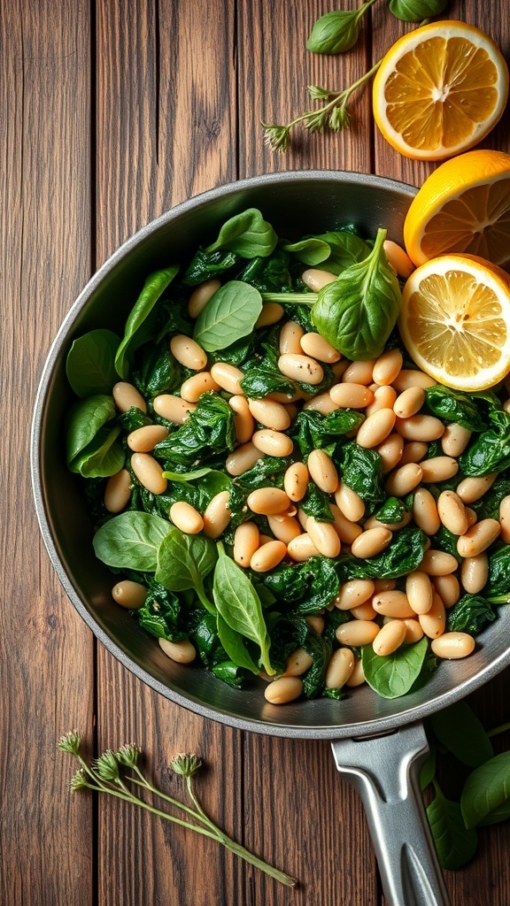 A skillet filled with spinach and white beans, garnished with lemon slices on a wooden table.
