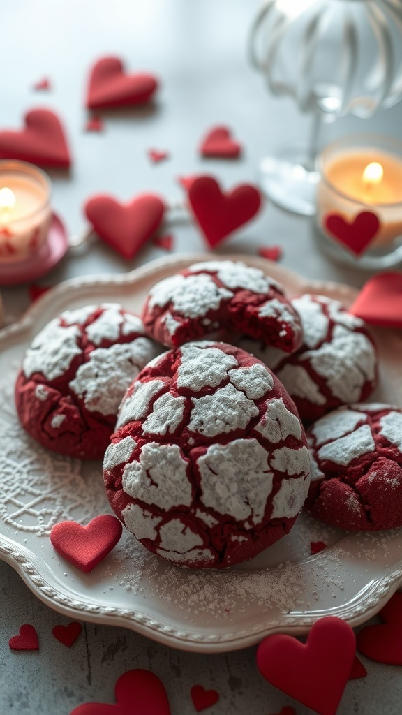 A plate of red velvet crinkle cookies surrounded by heart decorations and candles.