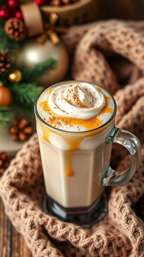 A cozy caramel eggnog latte topped with whipped cream and caramel drizzle.