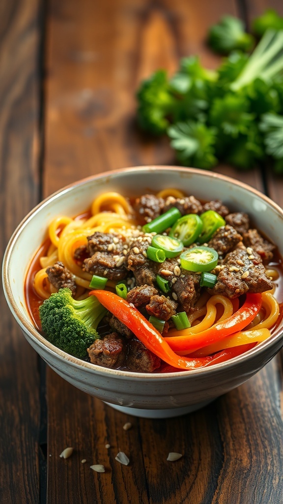A bowl of Ground Beef & Broccoli Ramen Stir Fry with colorful vegetables and noodles