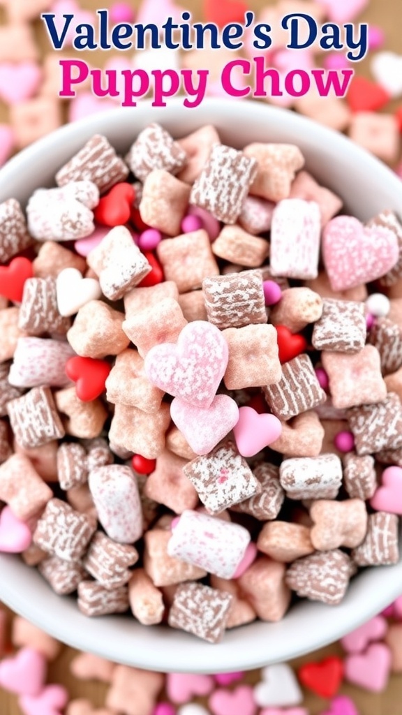 A bowl of Valentine Puppy Chow Valentines Dessert 