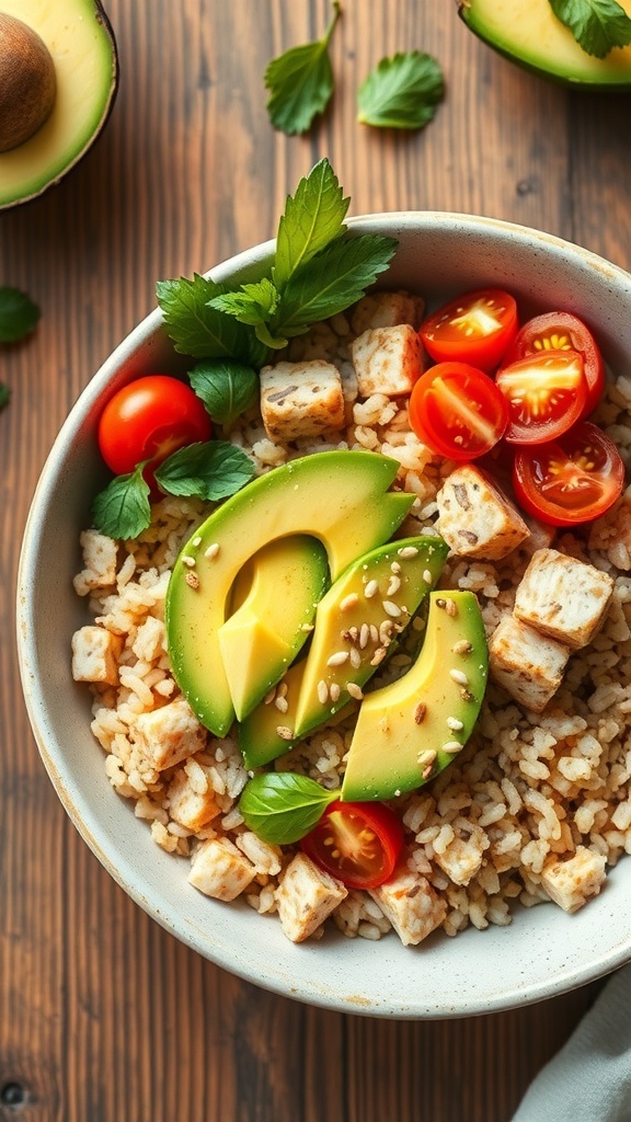 A delicious bowl of rice topped with avocado, tuna, cherry tomatoes, and herbs.