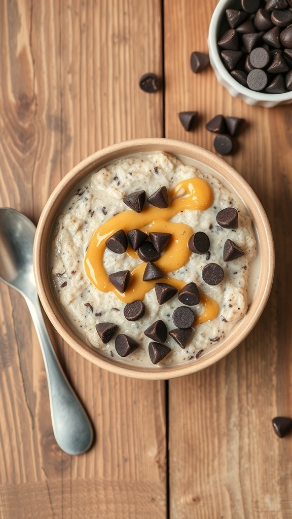 Bowl of Chocolate Chip Cookie Dough High Protein Overnight Oats topped with chocolate chips and nut butter