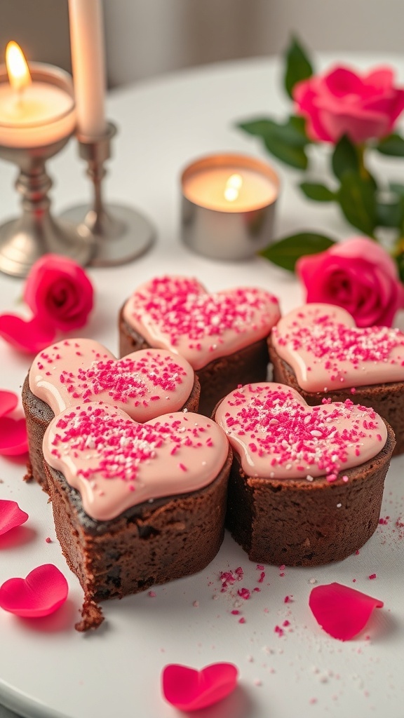 Heart-shaped brownies with pink frosting and sprinkles, surrounded by roses and candles.