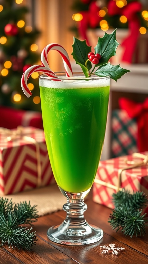 A festive green drink with candy canes and holly, surrounded by Christmas gifts.