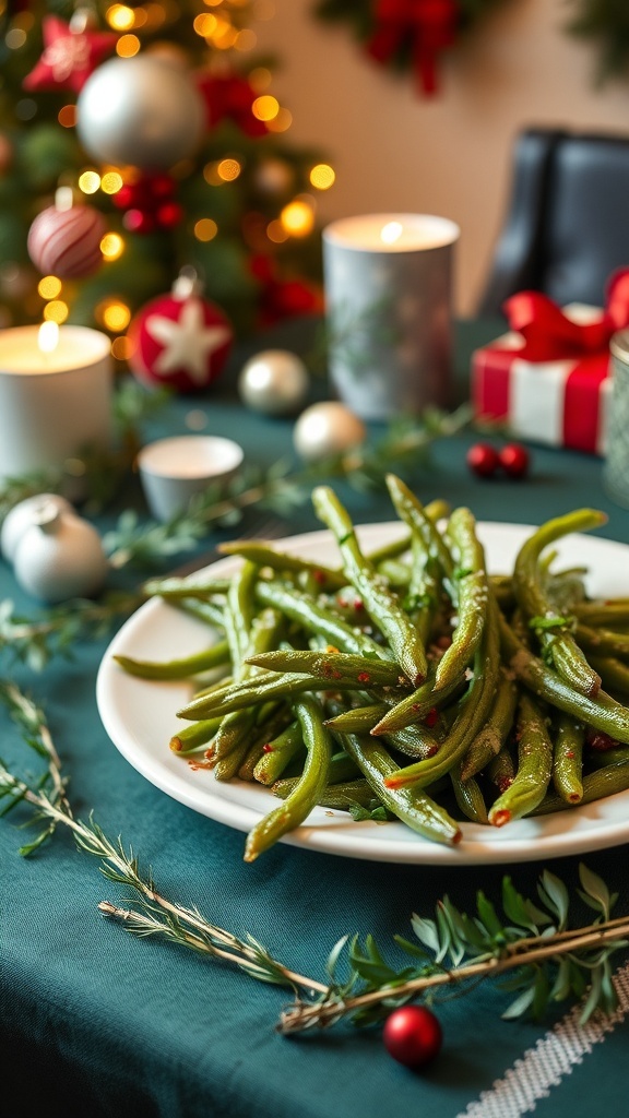 A plate of crispy oven baked parmesan green beans on a festive table with Christmas decorations.