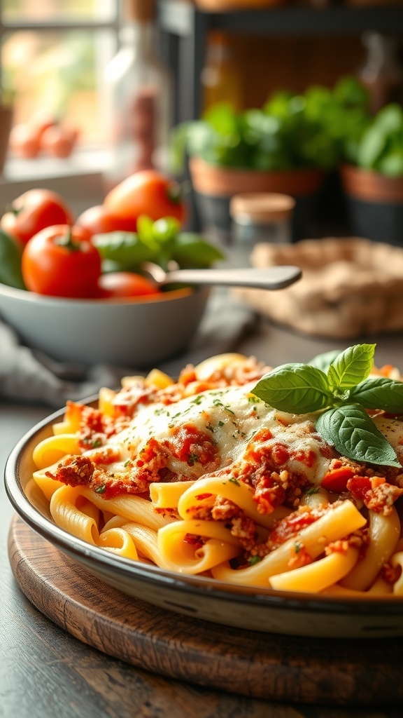 A plate of Healthy Turkey Baked Ziti with fresh tomatoes and herbs in the background.