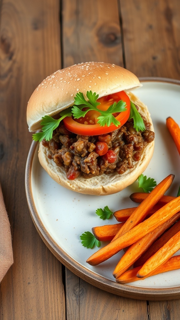 A plate with a beef and lentil sloppy joe topped with tomato and cilantro, alongside sweet potato fries.