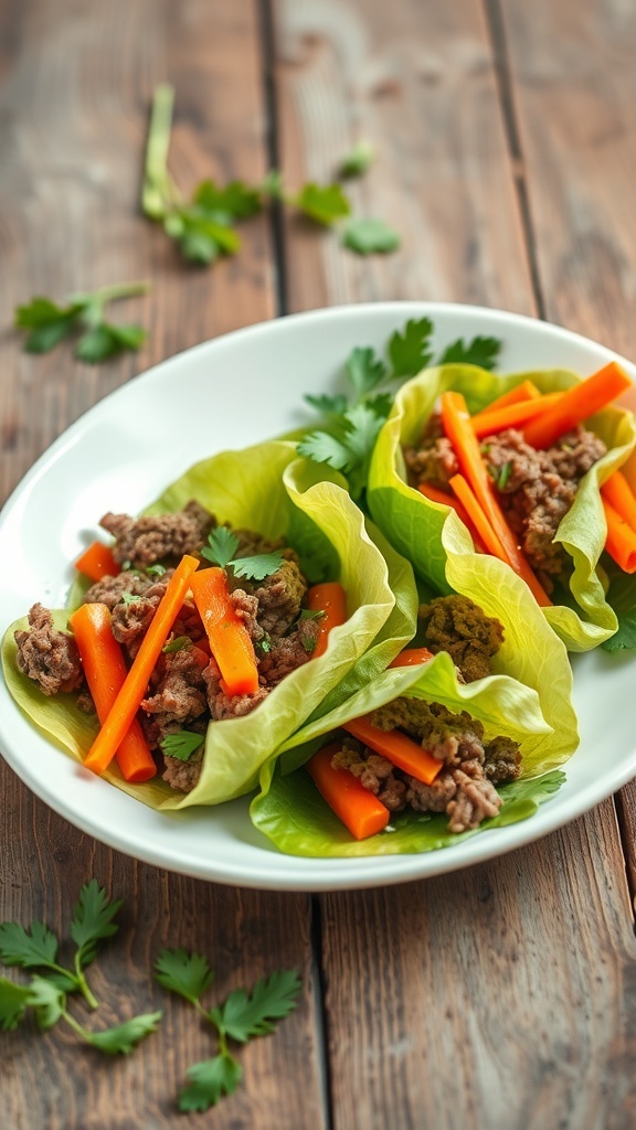 Healthy beef lettuce wraps filled with ground beef and crunchy veggies on a plate.
