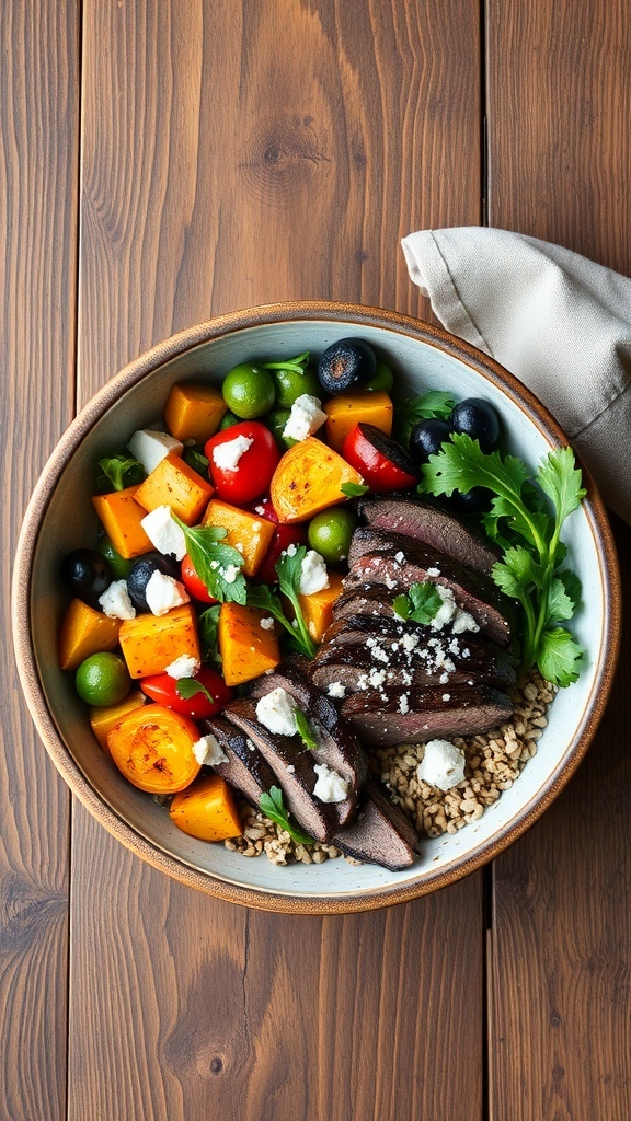A bowl filled with sliced steak, farro, and colorful vegetables on a wooden table.