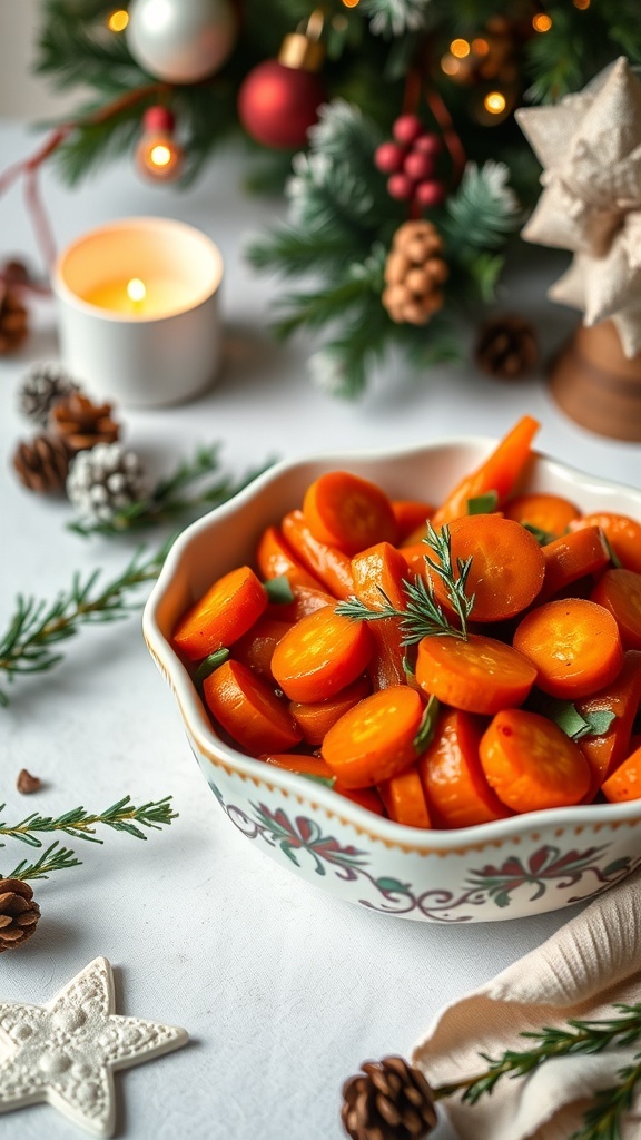 A bowl of sweet sliced glazed carrots surrounded by festive decorations