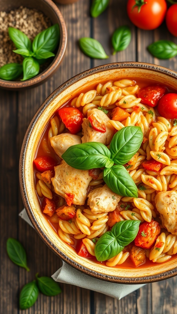 A bowl of One Pot Tomato Basil Chicken Orzo with fresh basil and cherry tomatoes