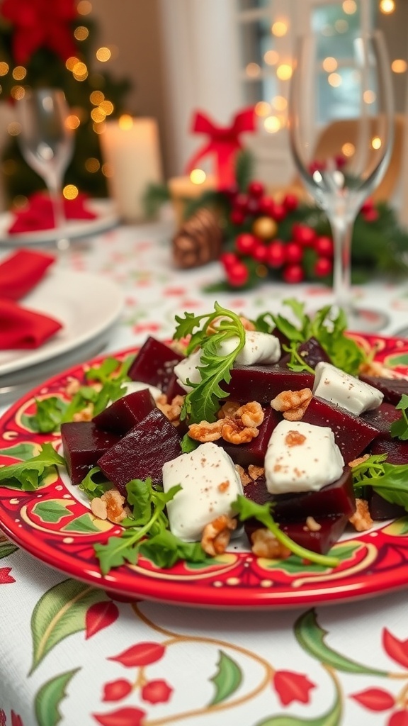 A festive salad with roasted beets, goat cheese, walnuts, and arugula on a decorative plate, set against a Christmas-themed table.