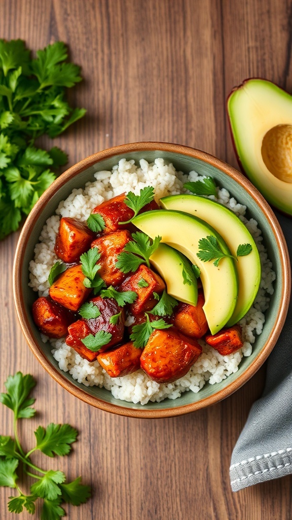 A bowl of BBQ chicken and cauliflower rice topped with avocado and cilantro.