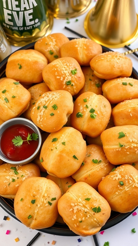 A platter of Garlic Parmesan Pull Apart Bread Bites with a side of dipping sauce