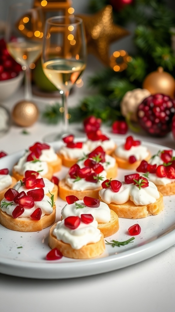 A platter of whipped feta and pomegranate crostini, garnished with herbs and served with glasses of sparkling wine.
