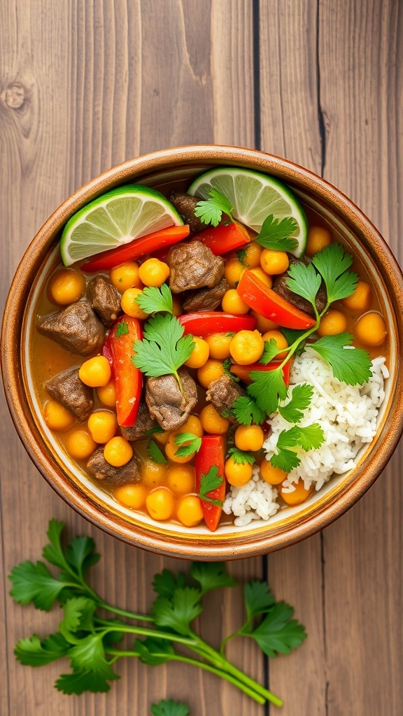 A bowl of beef and chickpea curry with rice, garnished with lime and cilantro.