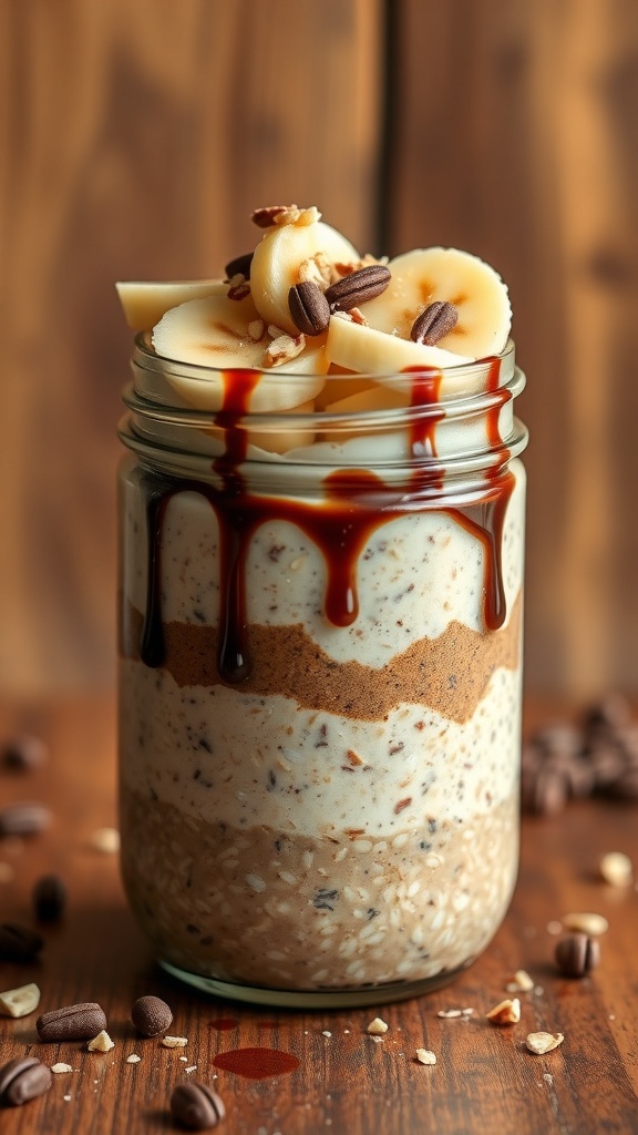 A jar of mocha protein overnight oats topped with bananas and nuts on a wooden table. Mocha Protein Overnight Oats Recipe