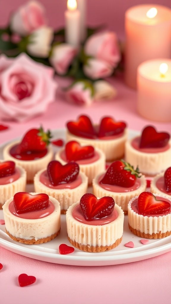 Mini Valentine’s Day cheesecakes with heart-shaped toppings, surrounded by roses and candles.