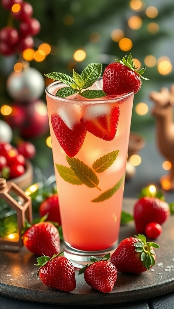 A refreshing strawberry mint mocktail garnished with strawberries and mint leaves.