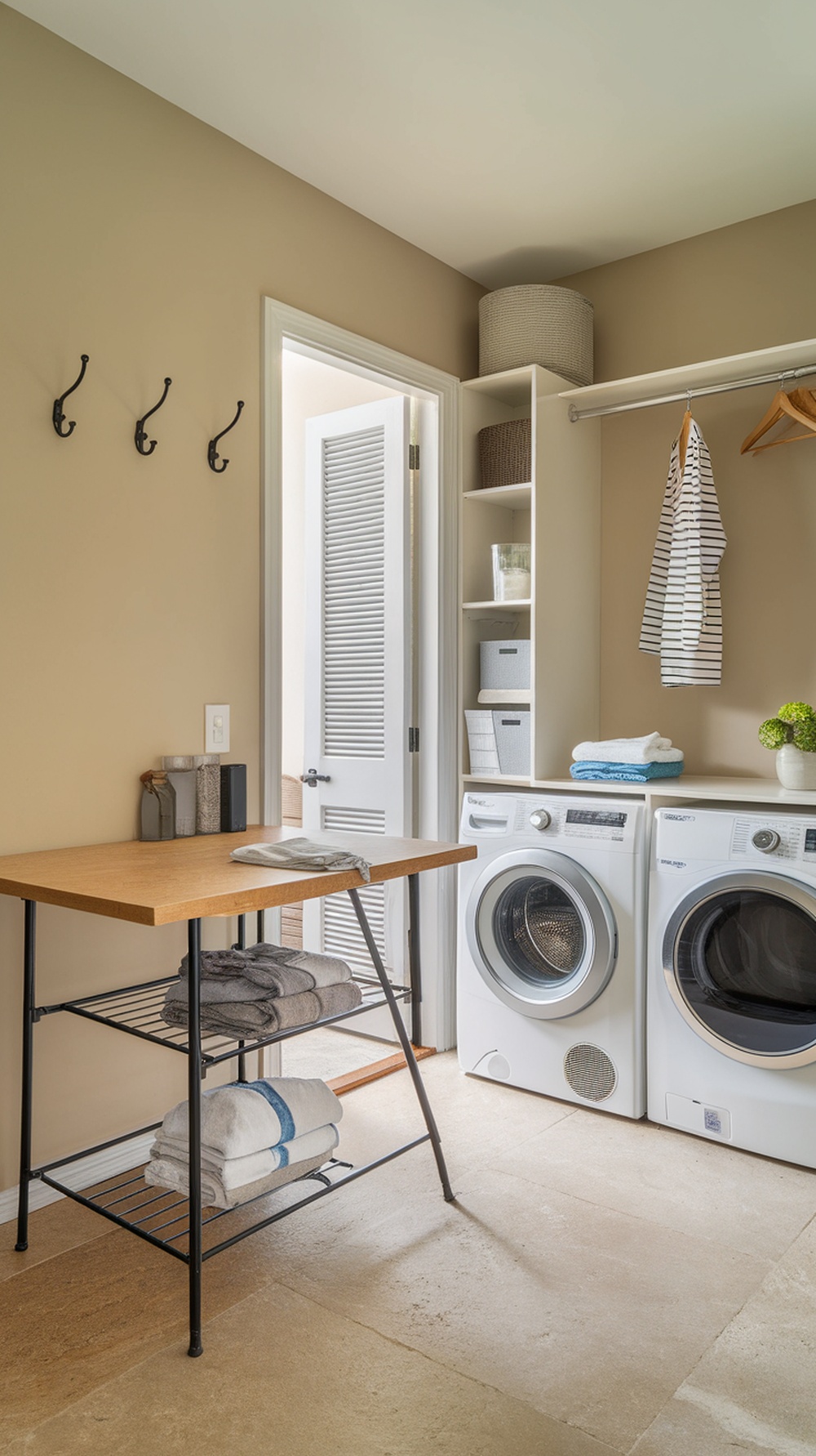 Small Laundry Room Ideas A small laundry room featuring a multipurpose table, shelves, and hooks for organization.