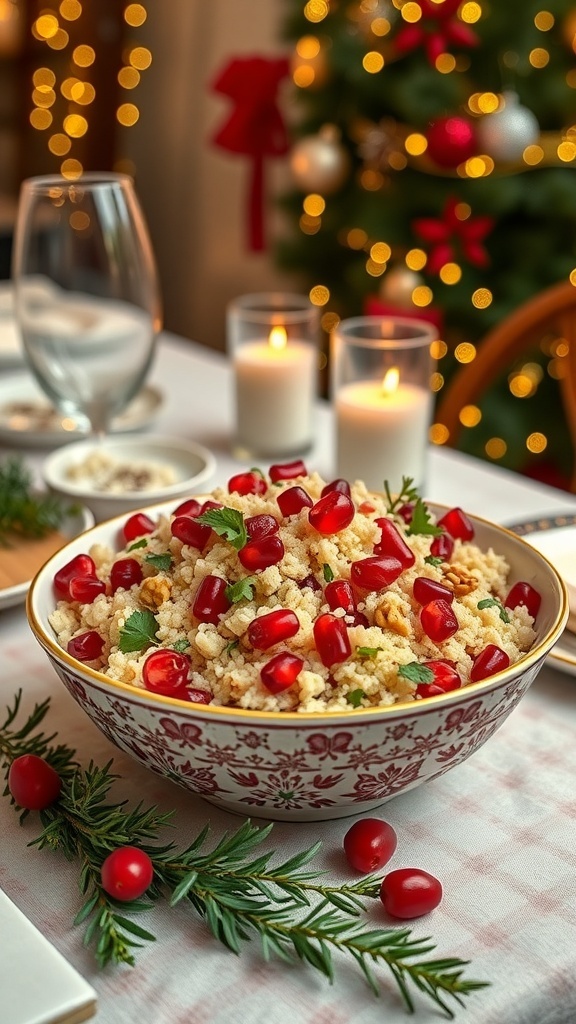 A bowl of Pomegranate Walnut Couscous Salad with pomegranate seeds and walnuts, set against a festive background with a Christmas tree.