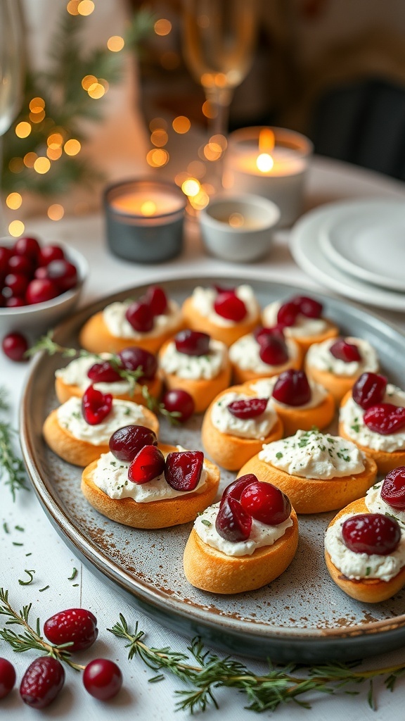 A platter of cranberry goat cheese crostini with fresh herbs and cranberries.