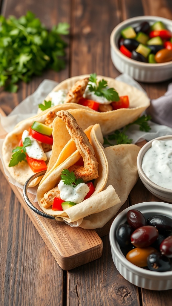 Greek Chicken Stuffed Pitas with fresh vegetables and tzatziki sauce