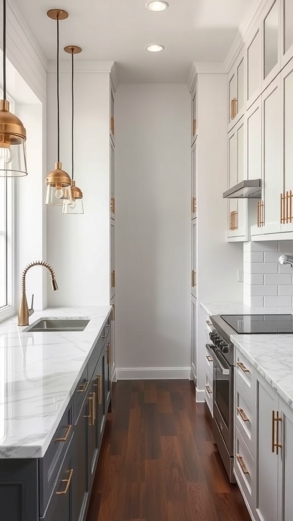 A modern galley kitchen featuring marble countertops, dark cabinetry, and stylish lighting.