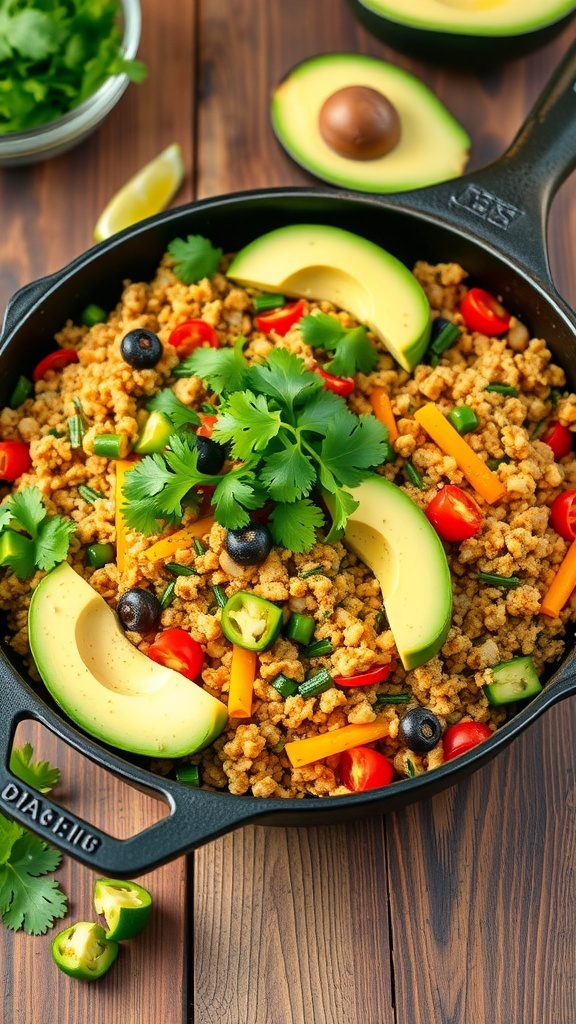 A colorful Ground Turkey Zucchini Burrito Skillet with fresh vegetables and avocado