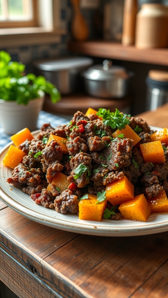 A plate of savory ground beef and sweet potato hash with fresh herbs