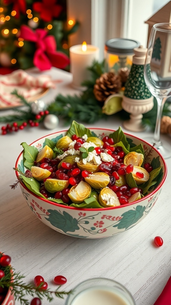 A festive bowl of Pomegranate Brussels Sprouts Salad with greens, pomegranate seeds, and feta cheese, set against a cozy holiday backdrop.