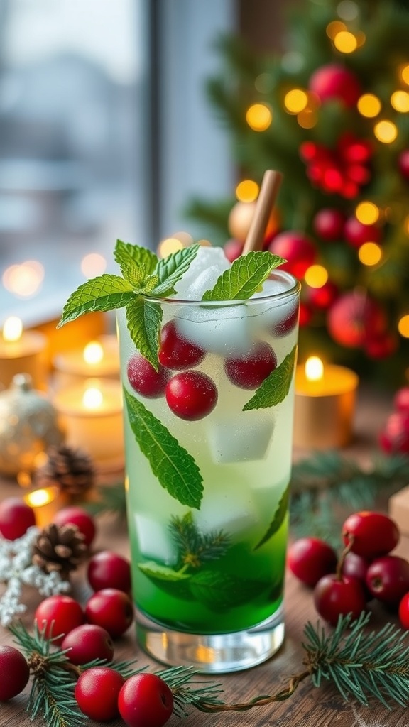 A festive Evergreen Holiday Cooler drink with mint leaves and cranberries.