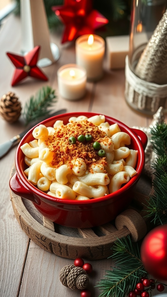 A red dish of white cheddar chive mac and cheese, decorated for Christmas with candles and pinecones.