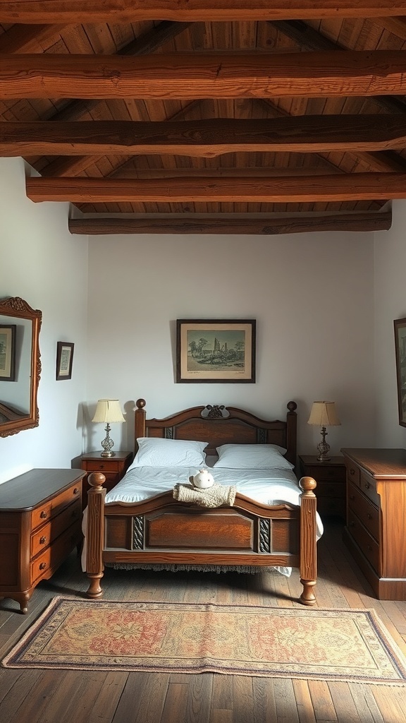 Room Ideas Aesthetic Vintage A cozy bedroom featuring rustic wooden beams on the ceiling, vintage furniture, and warm tones.